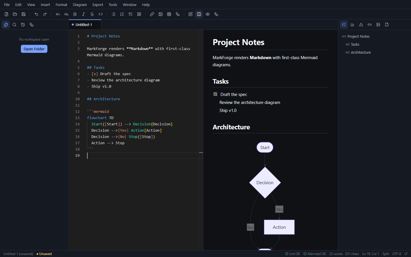 MarkForge split editor with live Mermaid diagram preview